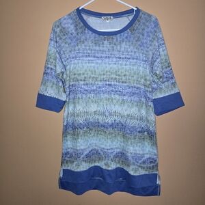 One World Top Boho Blues Greens With Colorblock Cuffs And Hem, S (PTP=17.5")